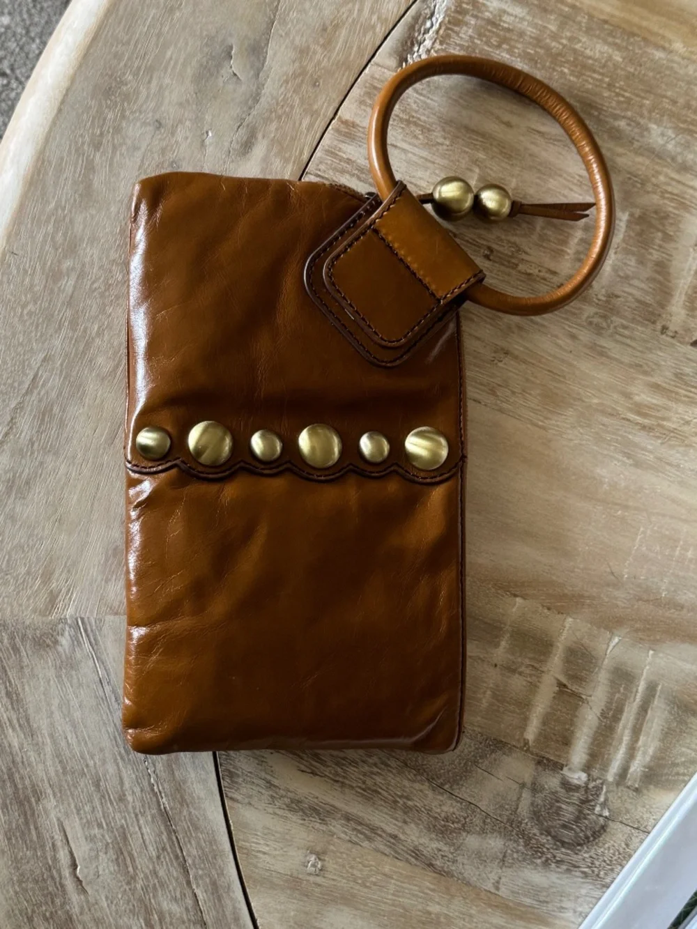 HOBO Sable Wristlet Clutch in Truffle & Antique Brass Studs. New without tags.